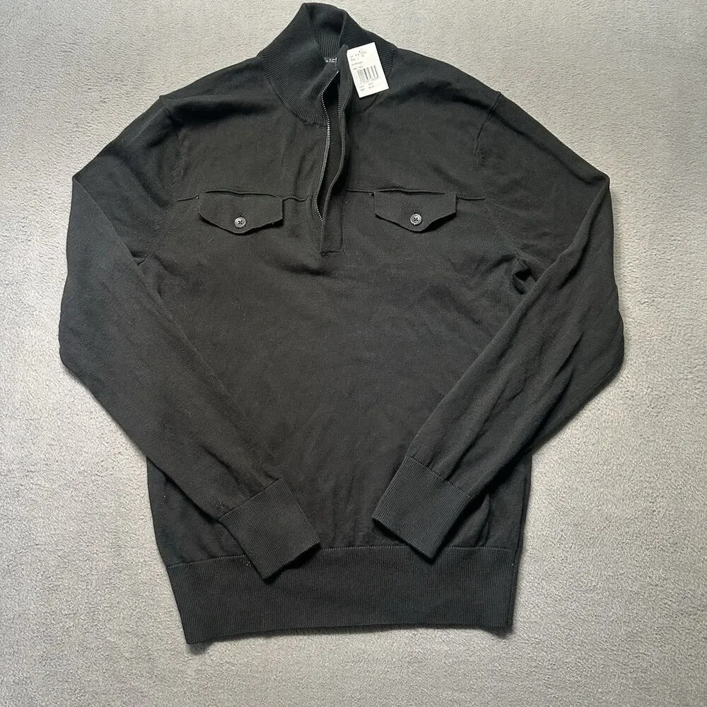 Banana Republic Mens Small Quarter Zip Sweater Black Cotton Chest Pocket NWT
